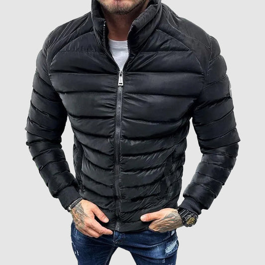 Men’s Puffer Jacket – Quilted Insulation – High Collar – Zipper Closure – Fitted Style