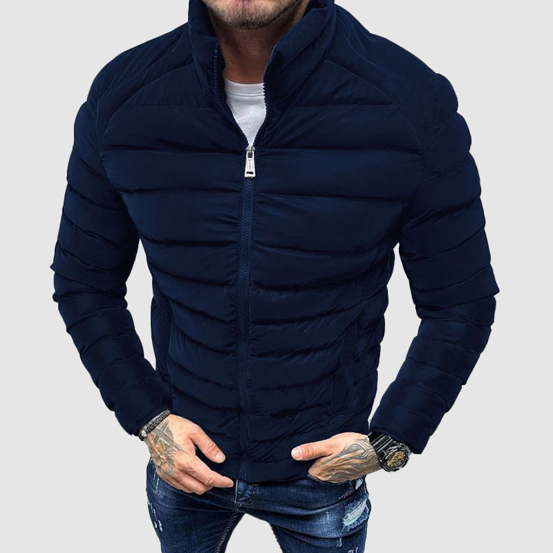 Men’s Puffer Jacket – Quilted Insulation – High Collar – Zipper Closure – Fitted Style