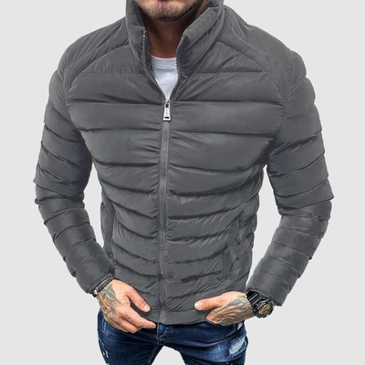 Men’s Puffer Jacket – Quilted Insulation – High Collar – Zipper Closure – Fitted Style