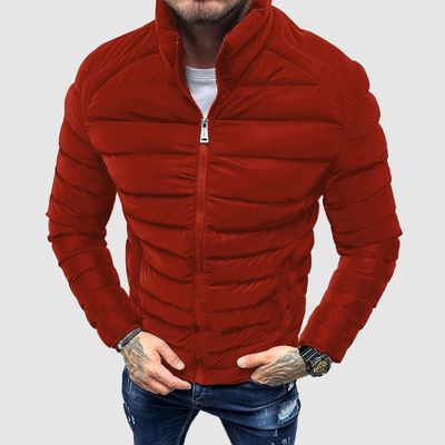 Men’s Puffer Jacket – Quilted Insulation – High Collar – Zipper Closure – Fitted Style