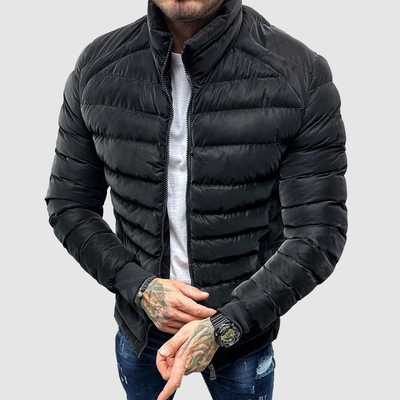 Men’s Puffer Jacket – Quilted Insulation – High Collar – Zipper Closure – Fitted Style