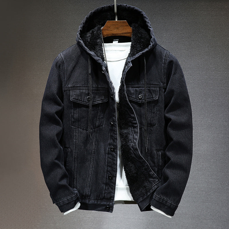 Men's winter lined denim jacket with imitation lambskin coat