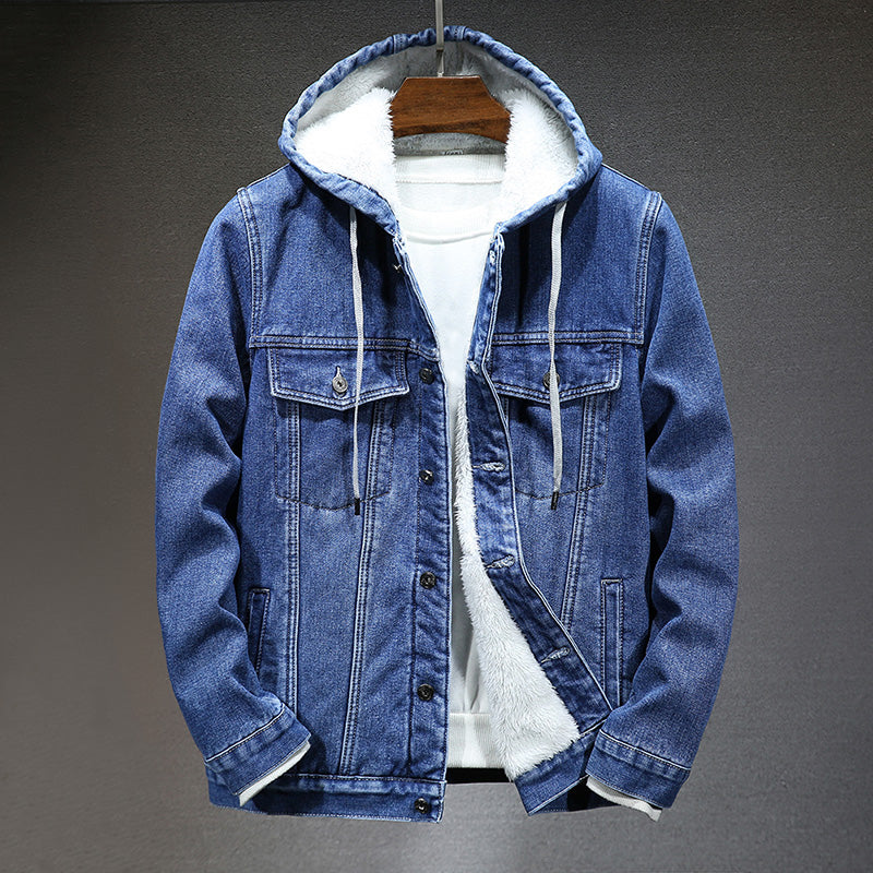 Men's winter lined denim jacket with imitation lambskin coat