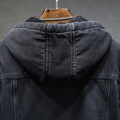 Men's winter lined denim jacket with imitation lambskin coat