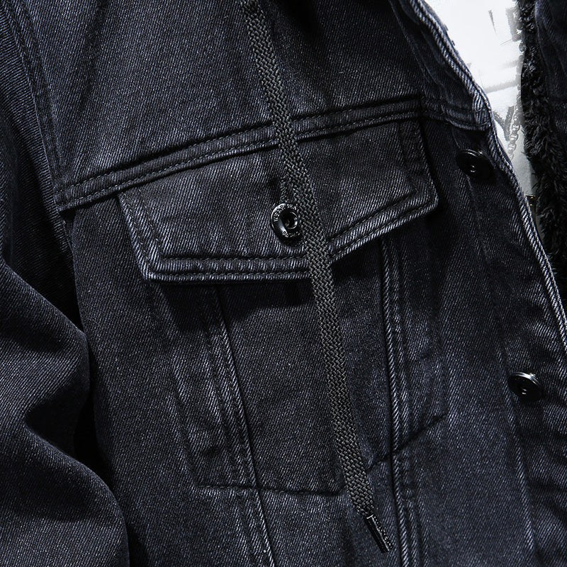 Men's winter lined denim jacket with imitation lambskin coat