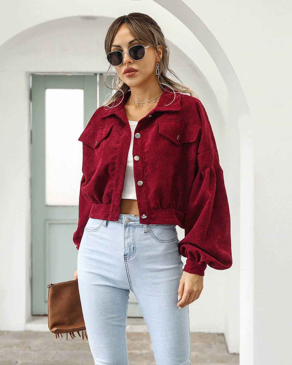 Women’s Cropped Jacket – Corduroy – Oversized Fit – Balloon Sleeves – Chest Pockets