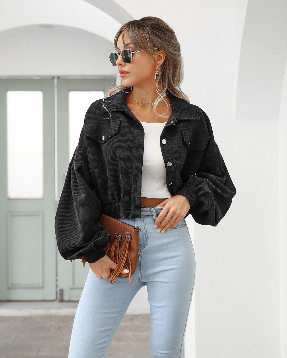 Women’s Cropped Jacket – Corduroy – Oversized Fit – Balloon Sleeves – Chest Pockets