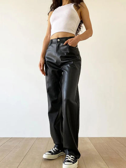 High waist straight leg vintage leather pants for women