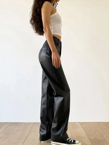 High waist straight leg vintage leather pants for women