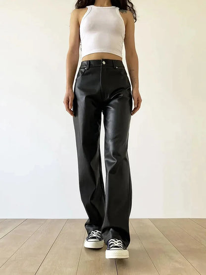 High waist straight leg vintage leather pants for women