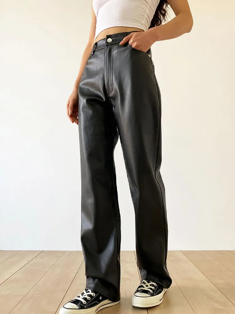 High waist straight leg vintage leather pants for women