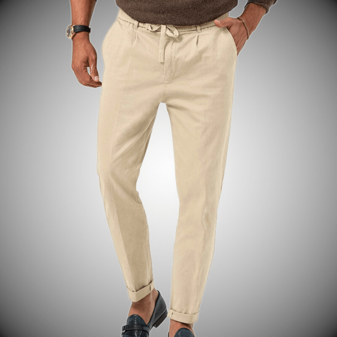 Men’s Relaxed Fit Trousers – Natural Fibers – Tapered Leg – Drawstring Waist – Full Length