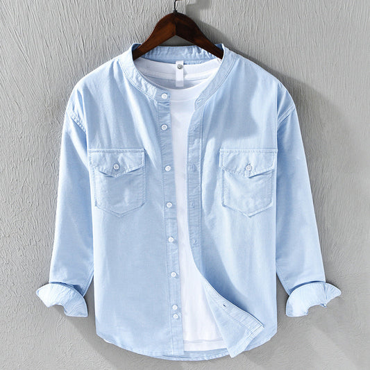 Men’s Casual Shirt - Band Collar - Lightweight Cotton - Button-Up - Regular Fit