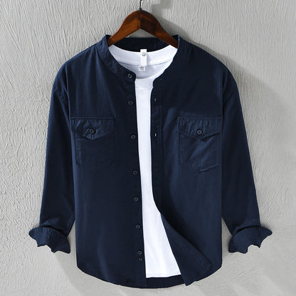 Men’s Casual Shirt - Band Collar - Lightweight Cotton - Button-Up - Regular Fit
