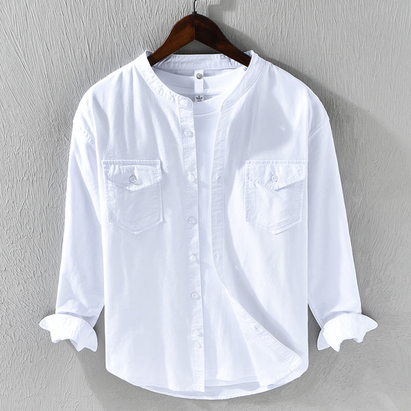 Men’s Casual Shirt - Band Collar - Lightweight Cotton - Button-Up - Regular Fit