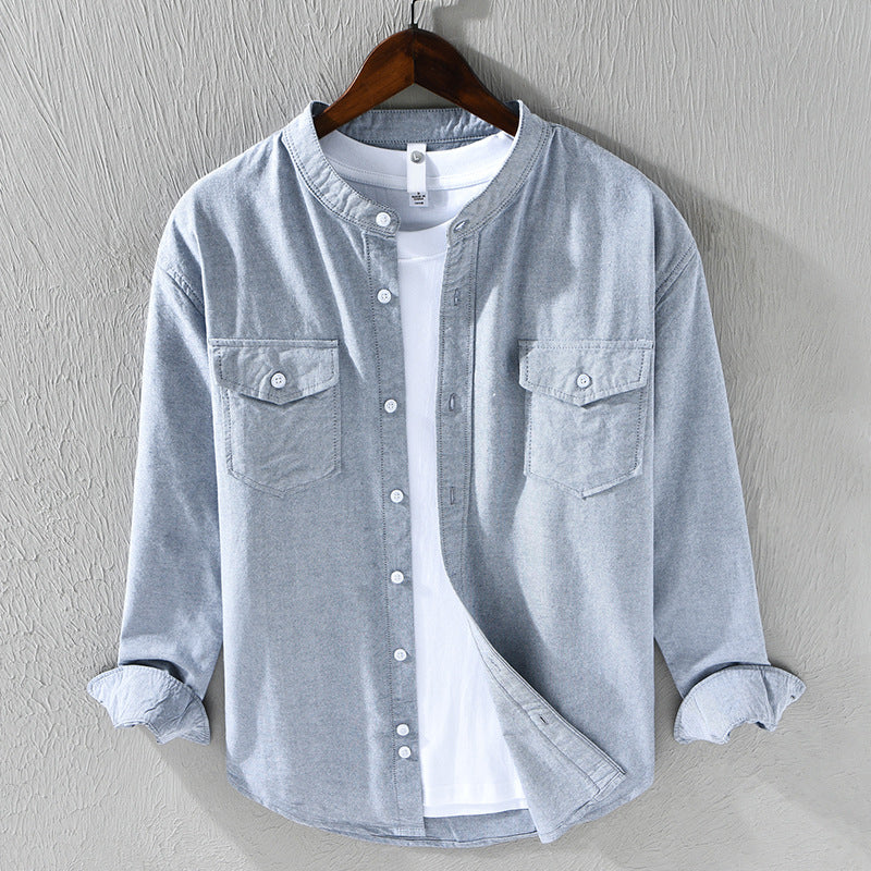 Men’s Casual Shirt - Band Collar - Lightweight Cotton - Button-Up - Regular Fit