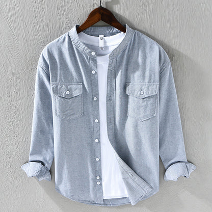 Men’s Casual Shirt - Band Collar - Lightweight Cotton - Button-Up - Regular Fit
