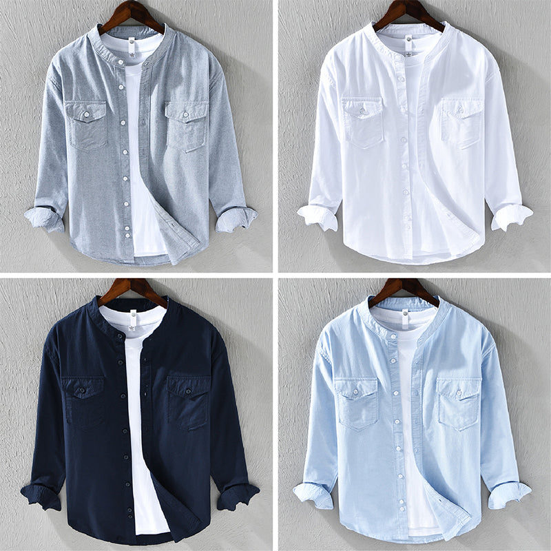Men’s Casual Shirt - Band Collar - Lightweight Cotton - Button-Up - Regular Fit