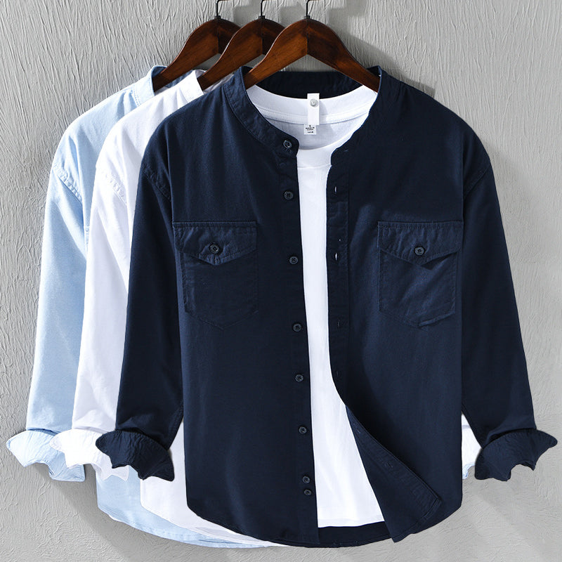 Men’s Casual Shirt - Band Collar - Lightweight Cotton - Button-Up - Regular Fit