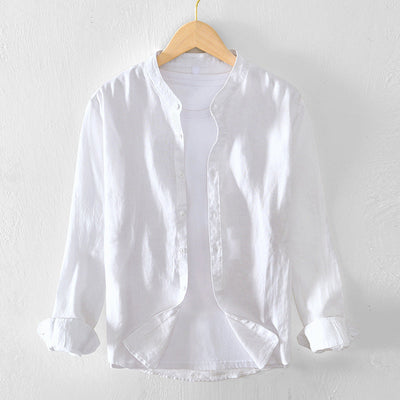 Men’s Button-Up Shirt - Linen Cotton Blend - Band Collar - Long Sleeve Relaxed Fit
