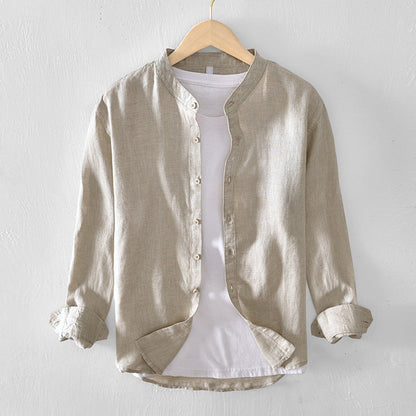 Men’s Button-Up Shirt - Linen Cotton Blend - Band Collar - Long Sleeve Relaxed Fit