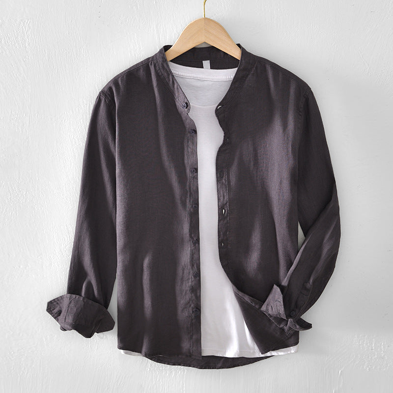 Men’s Button-Up Shirt - Linen Cotton Blend - Band Collar - Long Sleeve Relaxed Fit