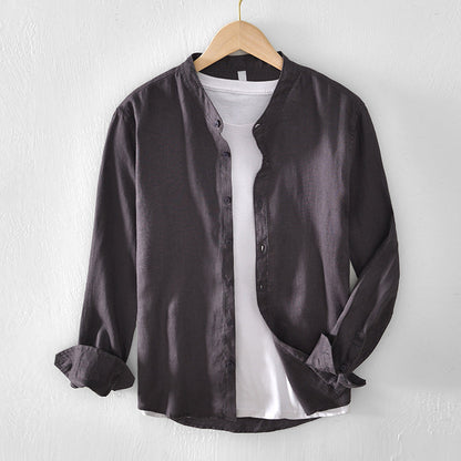 Men’s Button-Up Shirt - Linen Cotton Blend - Band Collar - Long Sleeve Relaxed Fit