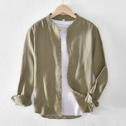 Men’s Button-Up Shirt - Linen Cotton Blend - Band Collar - Long Sleeve Relaxed Fit