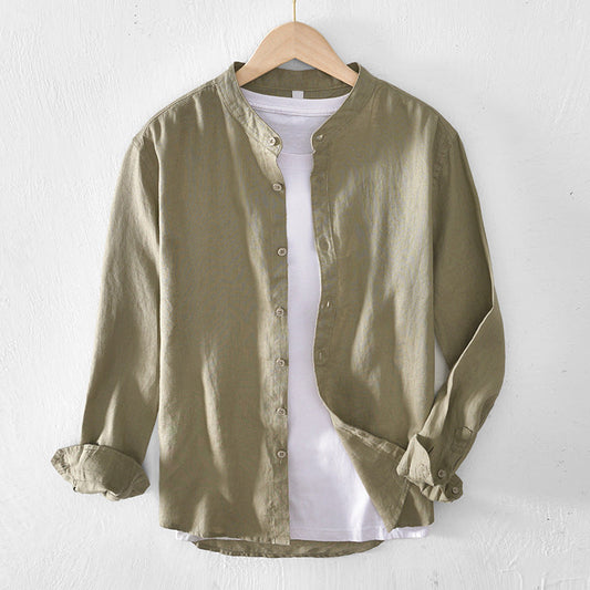 Men’s Button-Up Shirt - Linen Cotton Blend - Band Collar - Long Sleeve Relaxed Fit