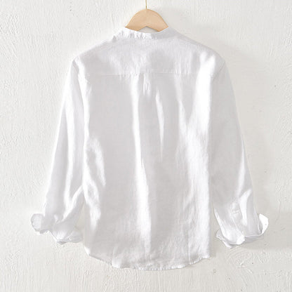 Men’s Button-Up Shirt - Linen Cotton Blend - Band Collar - Long Sleeve Relaxed Fit
