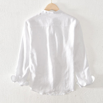 Men’s Button-Up Shirt - Linen Cotton Blend - Band Collar - Long Sleeve Relaxed Fit