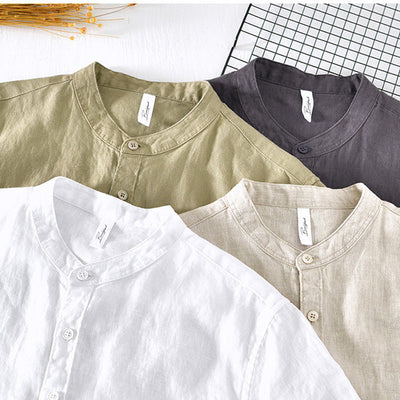 Men’s Button-Up Shirt - Linen Cotton Blend - Band Collar - Long Sleeve Relaxed Fit