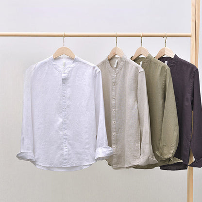 Men’s Button-Up Shirt - Linen Cotton Blend - Band Collar - Long Sleeve Relaxed Fit