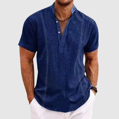 Men’s Short-Sleeve Shirt - Mandarin Collar - Relaxed Fit - Breathable Textured Fabric