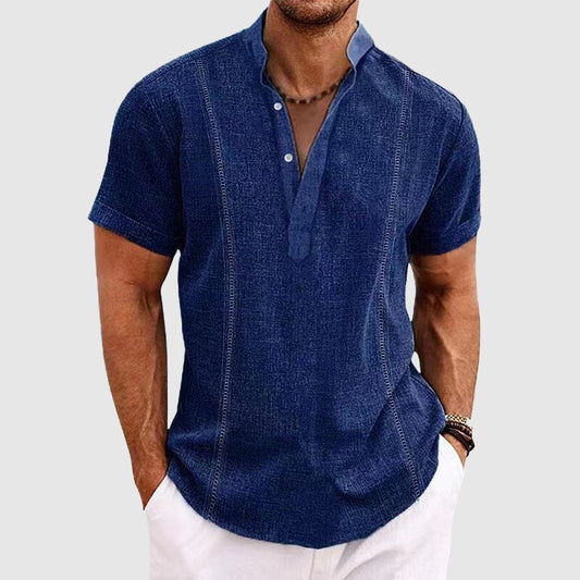 Men’s Short-Sleeve Shirt - Mandarin Collar - Relaxed Fit - Breathable Textured Fabric