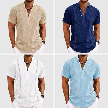 Men’s Short-Sleeve Shirt - Mandarin Collar - Relaxed Fit - Breathable Textured Fabric