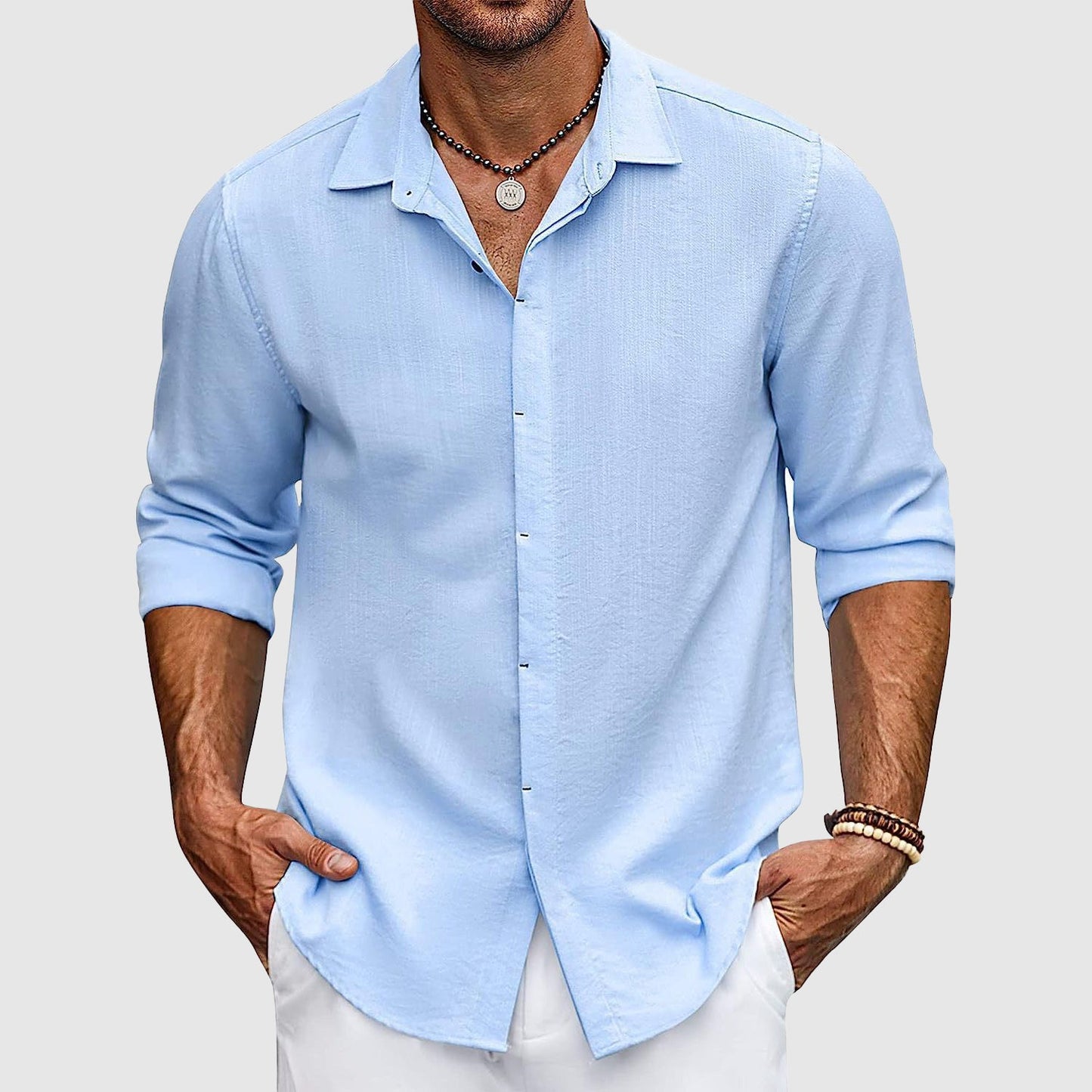 Men’s Button-Up Shirt - Lightweight Cotton - Tailored Fit - Long Sleeve Casual Wear