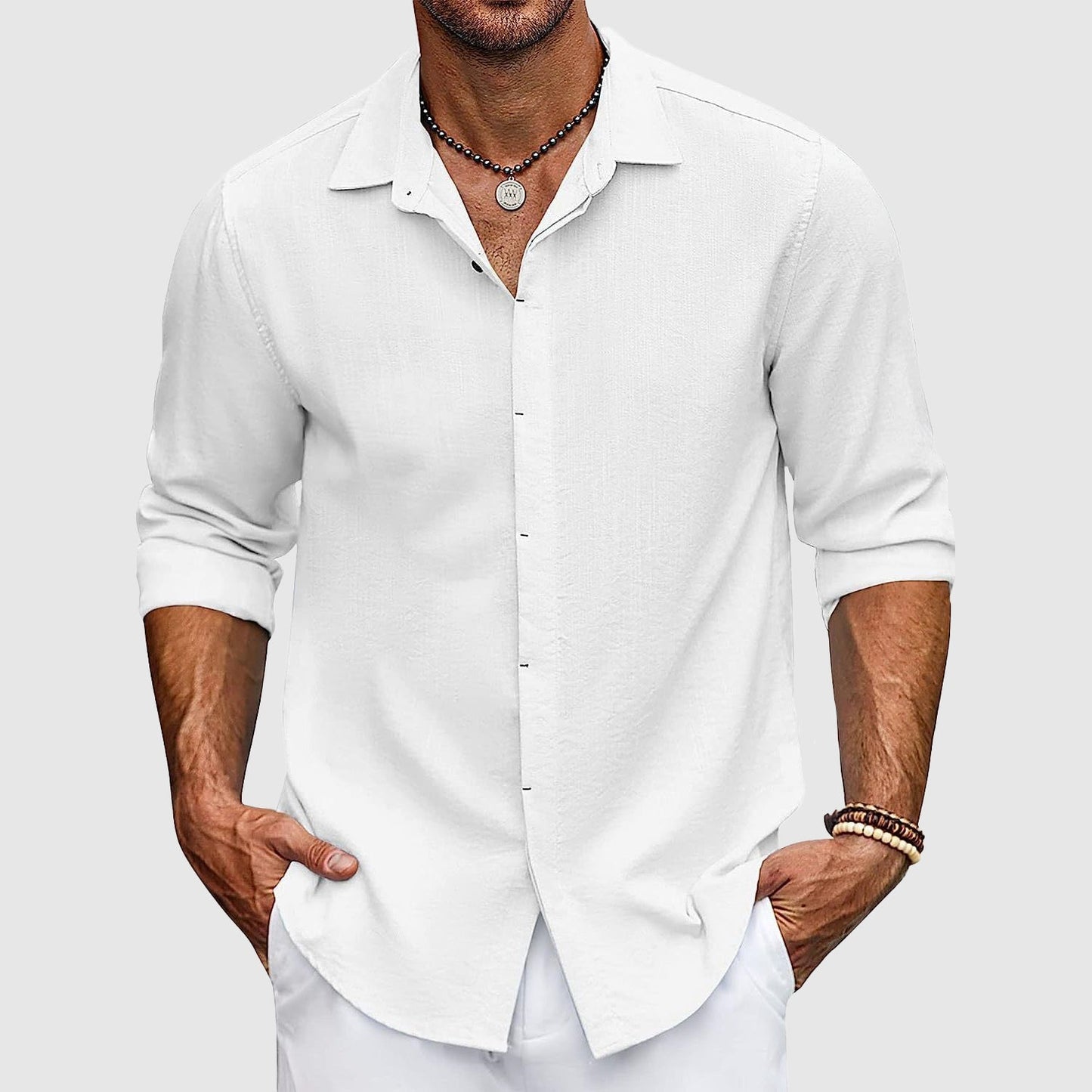 Men’s Button-Up Shirt - Lightweight Cotton - Tailored Fit - Long Sleeve Casual Wear