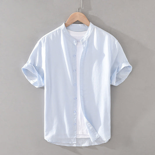 Men’s Button-Down Shirt - Breathable Linen - Short Sleeve - Mandarin Collar Casual Fit