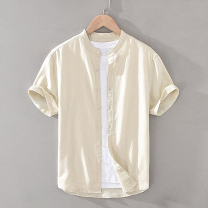 Men’s Button-Down Shirt - Breathable Linen - Short Sleeve - Mandarin Collar Casual Fit
