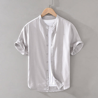 Men’s Button-Down Shirt - Breathable Linen - Short Sleeve - Mandarin Collar Casual Fit