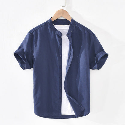 Men’s Button-Down Shirt - Breathable Linen - Short Sleeve - Mandarin Collar Casual Fit