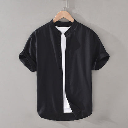 Men’s Button-Down Shirt - Breathable Linen - Short Sleeve - Mandarin Collar Casual Fit