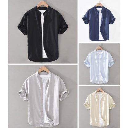 Men’s Button-Down Shirt - Breathable Linen - Short Sleeve - Mandarin Collar Casual Fit