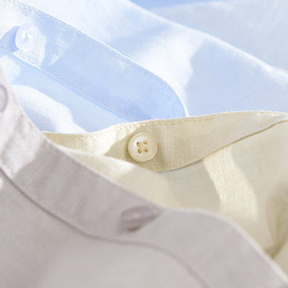 Men’s Button-Down Shirt - Breathable Linen - Short Sleeve - Mandarin Collar Casual Fit