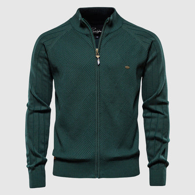 Men’s Zip-Up Cardigan - Knitted Textured Ribbed Design - Stand Collar - Long Sleeve