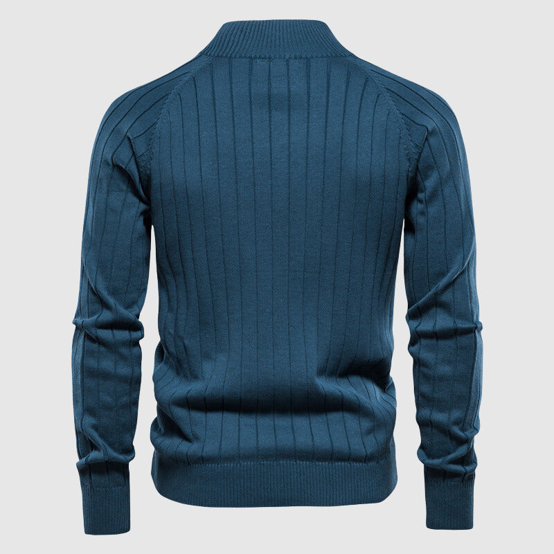 Men’s Zip-Up Cardigan - Knitted Textured Ribbed Design - Stand Collar - Long Sleeve