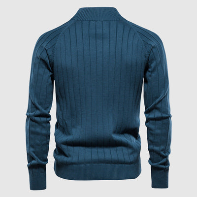 Men’s Zip-Up Cardigan - Knitted Textured Ribbed Design - Stand Collar - Long Sleeve
