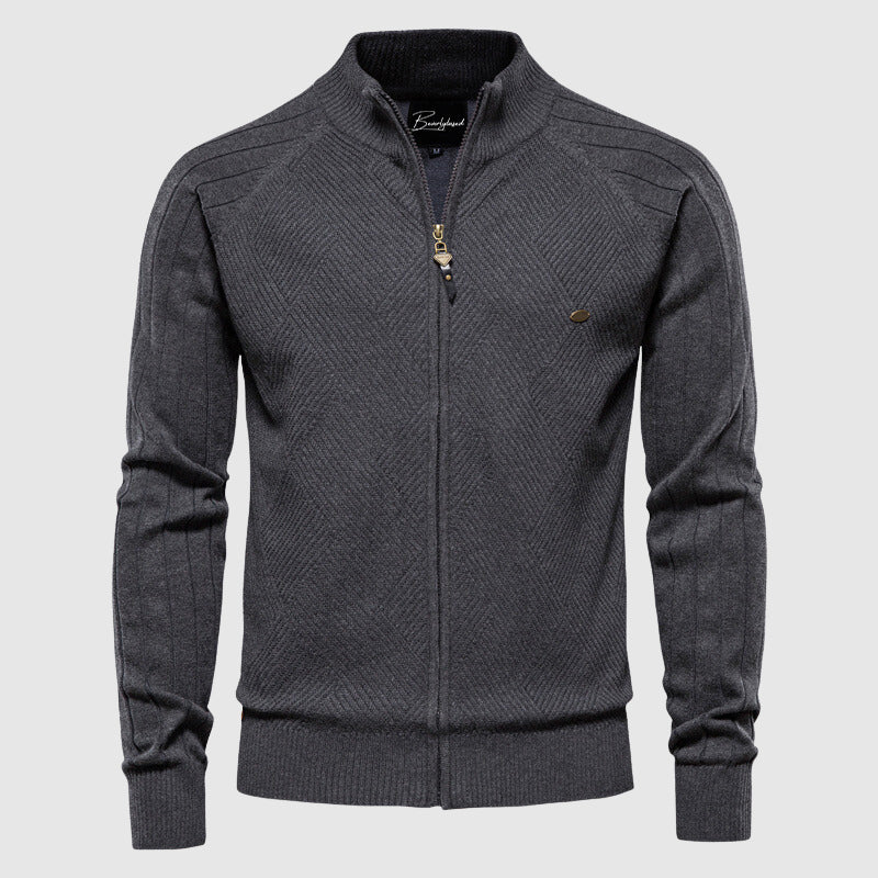 Men’s Zip-Up Cardigan - Knitted Textured Ribbed Design - Stand Collar - Long Sleeve