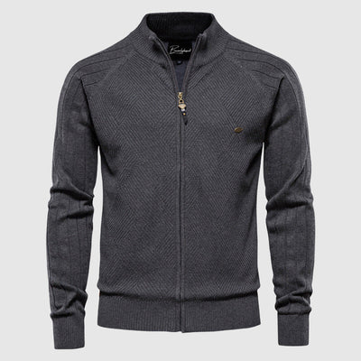 Men’s Zip-Up Cardigan - Knitted Textured Ribbed Design - Stand Collar - Long Sleeve